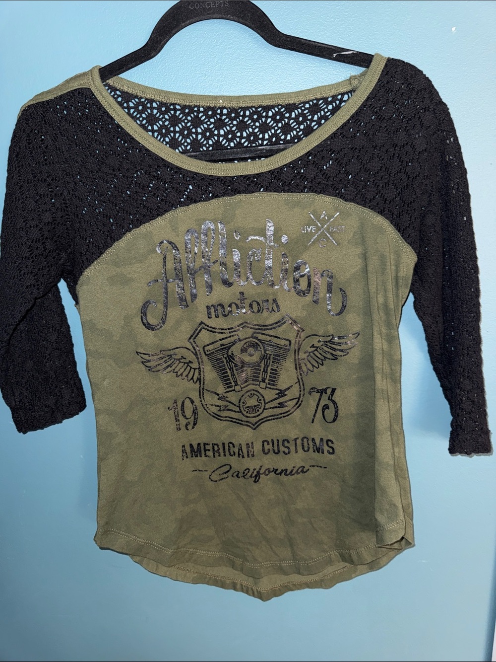 Affliction Olive Green and Black Lace Sleeve Graphic Tee